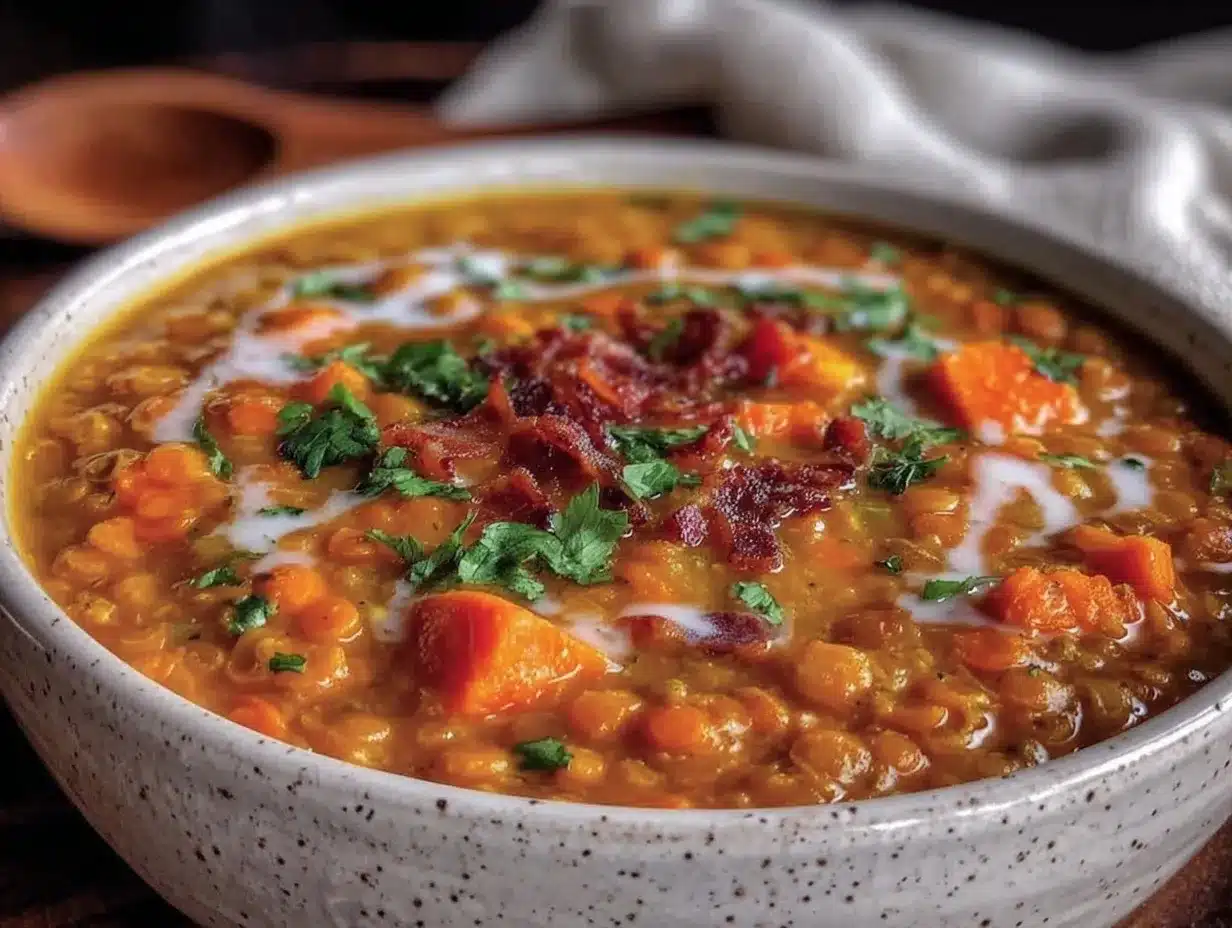 creamy coconut curry lentil soup with sweet potato preparation steps