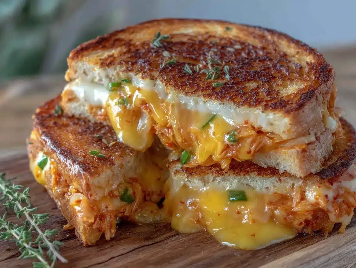 crispy kimchi grilled cheese sandwich preparation steps