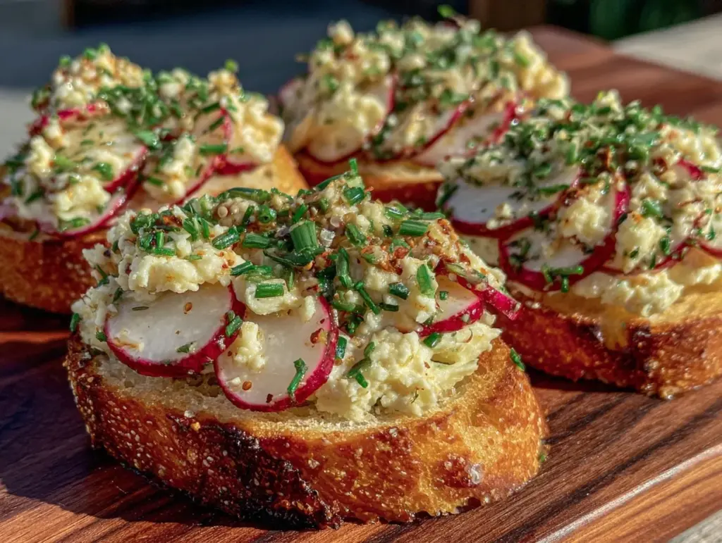 crispy radish and herb butter crostini - featured image