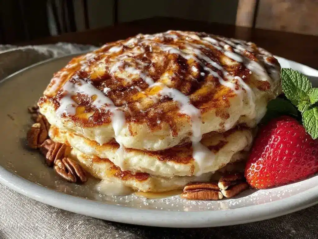 heart-shaped cinnamon roll pancakes - featured image
