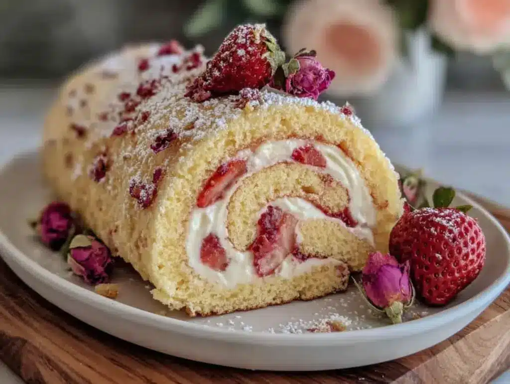 strawberry rose swiss roll - featured image