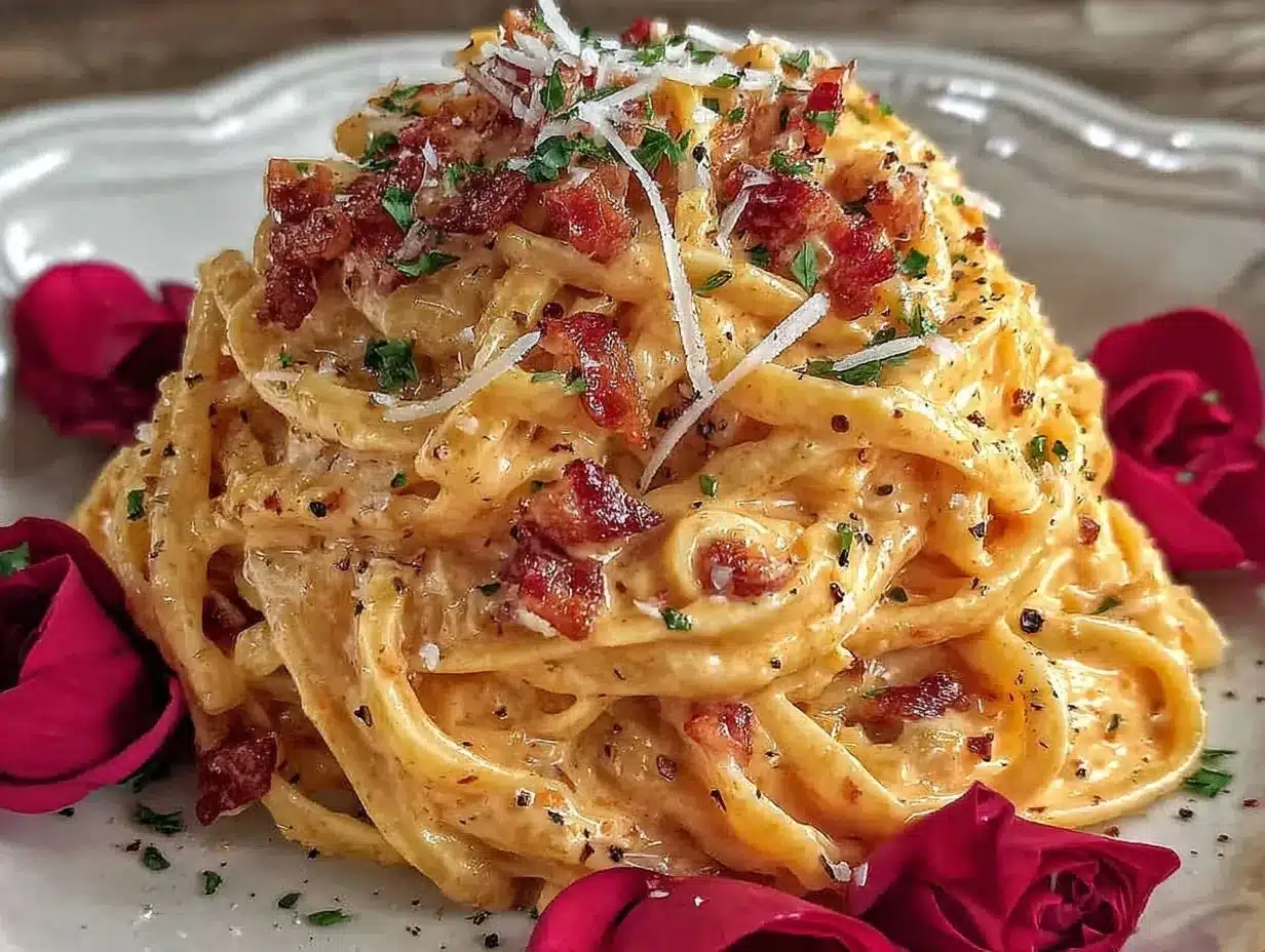 Valentines pink Alfredo pasta preparation steps