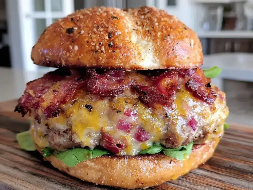 air fryer loaded bacon cheeseburgers - featured image