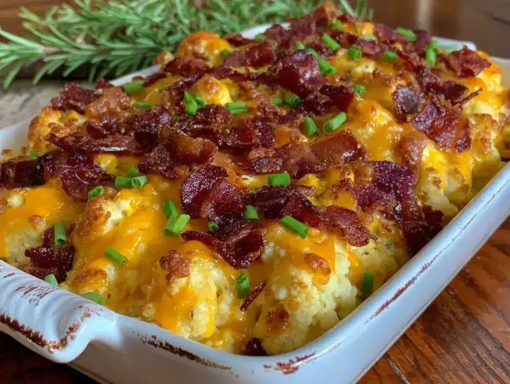 creamy keto loaded cauliflower casserole - featured image