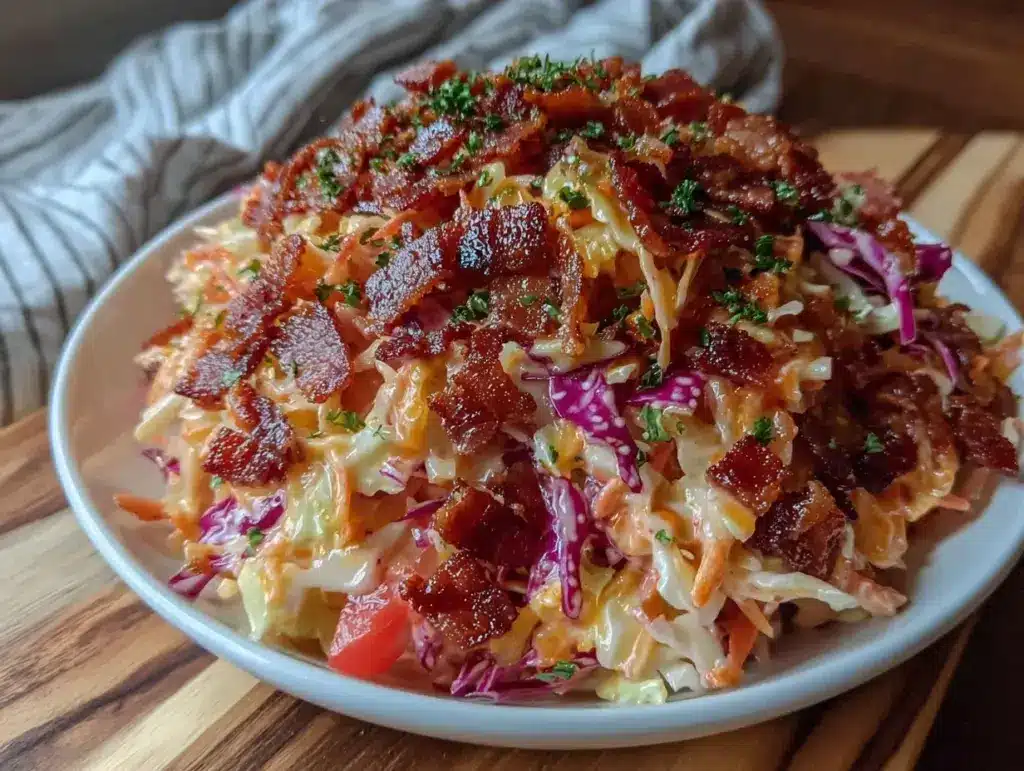 creamy keto loaded coleslaw with bacon - featured image