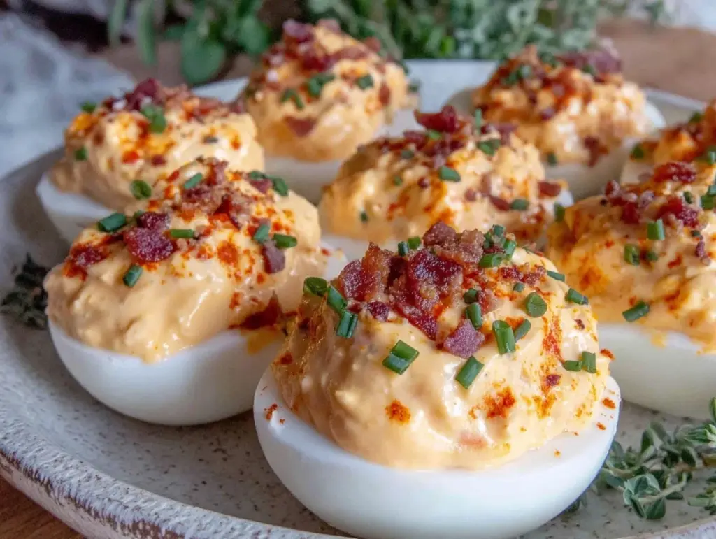 creamy keto loaded deviled eggs - featured image
