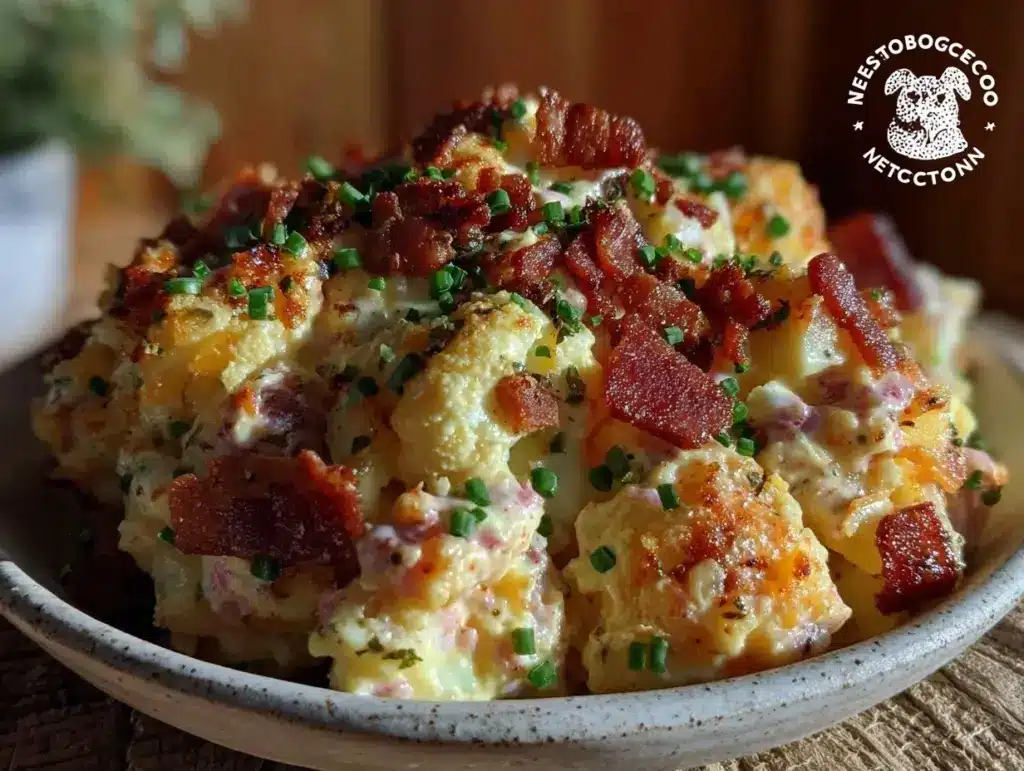 keto loaded cauliflower potato salad - featured image