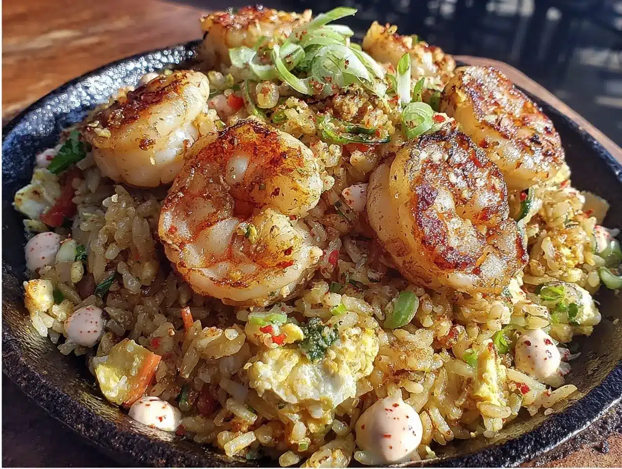 Blackstone hibachi fried rice with shrimp preparation steps