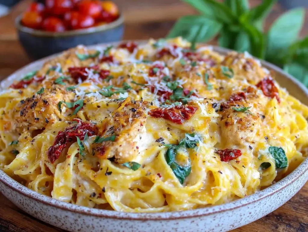 creamy tuscan sun-dried tomato chicken pasta bake - featured image
