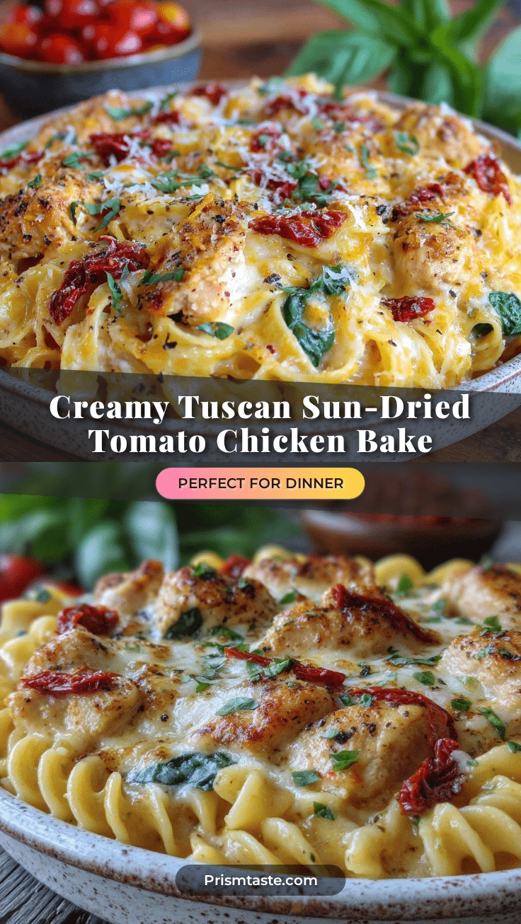 creamy tuscan sun-dried tomato chicken pasta bake recipe