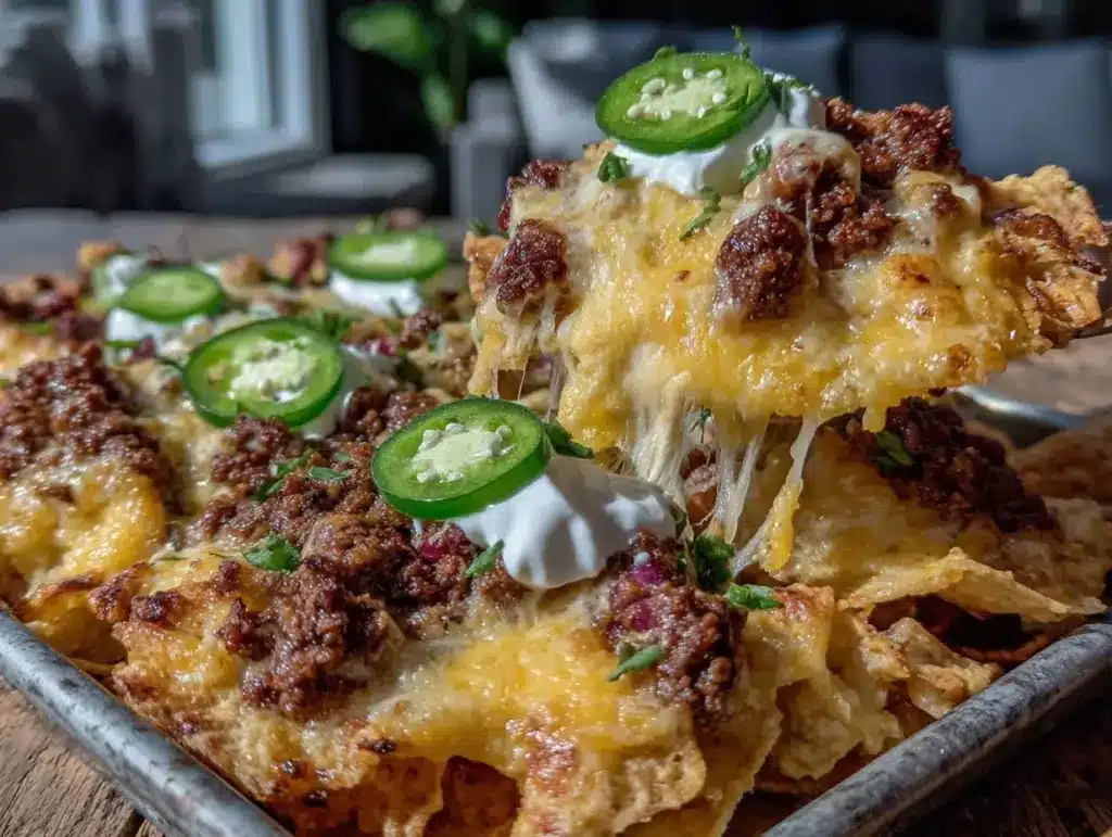 crispy sheet pan ground beef nachos - featured image