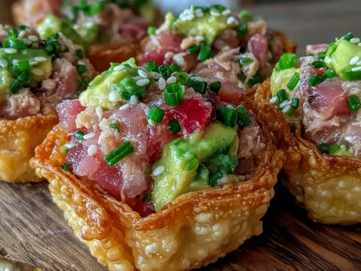 crispy wonton cups with spicy tuna avocado filling preparation steps