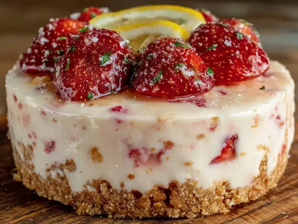 easy creamy frozen strawberry lemonade pie - featured image