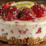 easy creamy frozen strawberry lemonade pie - featured image