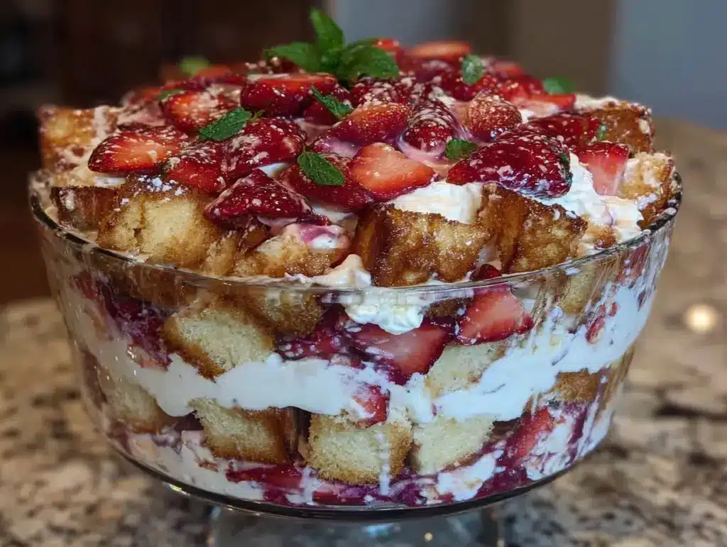 easy creamy strawberry shortcake trifle - featured image