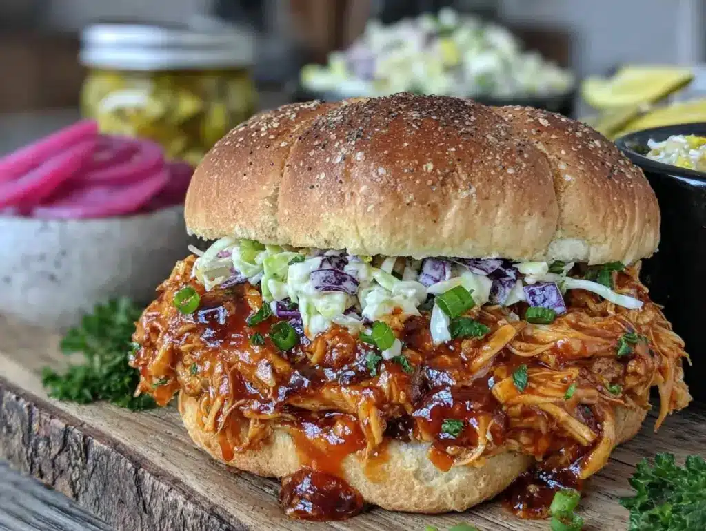 easy crockpot honey garlic pulled chicken - featured image