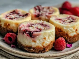 mini raspberry rose cheesecakes - featured image