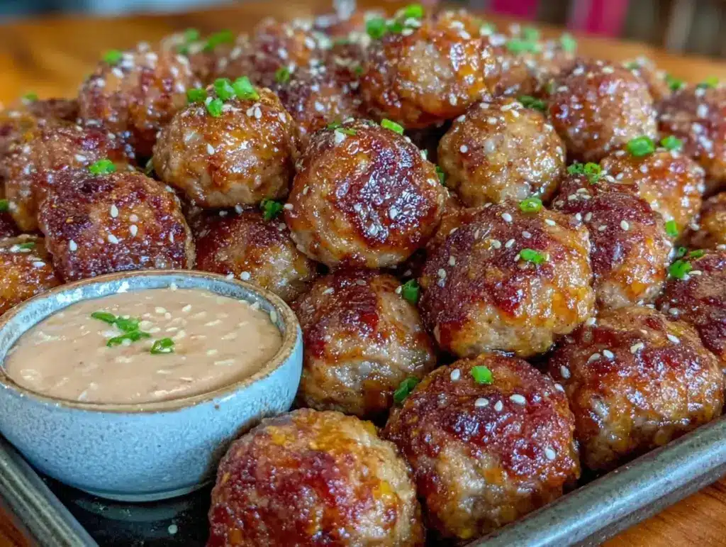 sheet pan honey garlic chicken meatballs - featured image