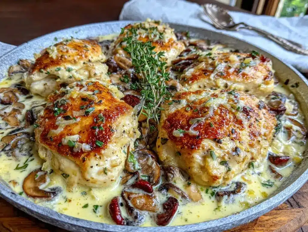 creamy mushroom and thyme chicken skillet - featured image