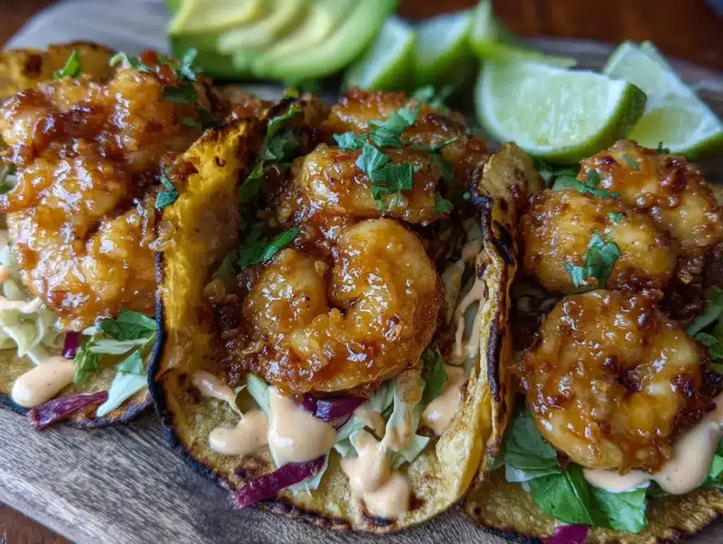 crispy bang bang shrimp tacos - featured image