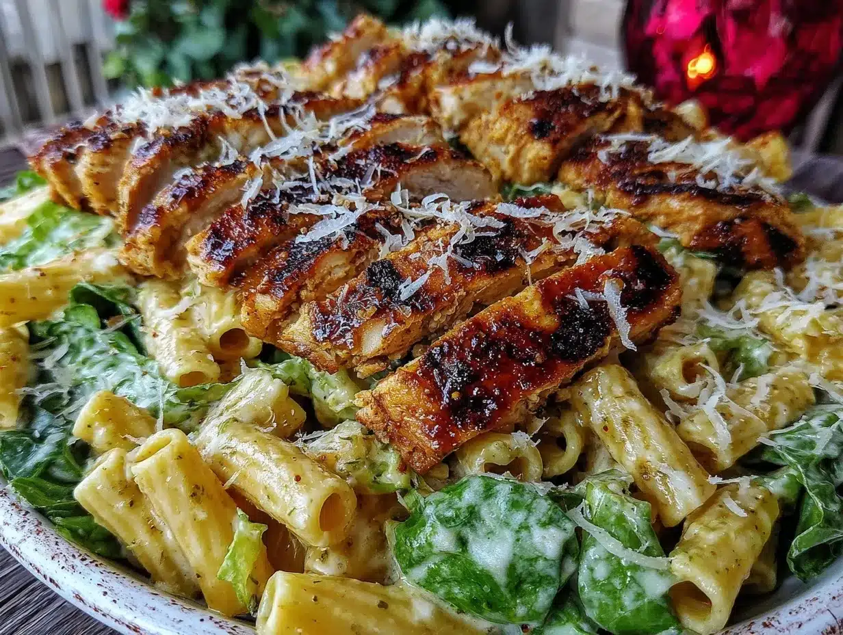 crispy grilled chicken Caesar pasta salad preparation steps