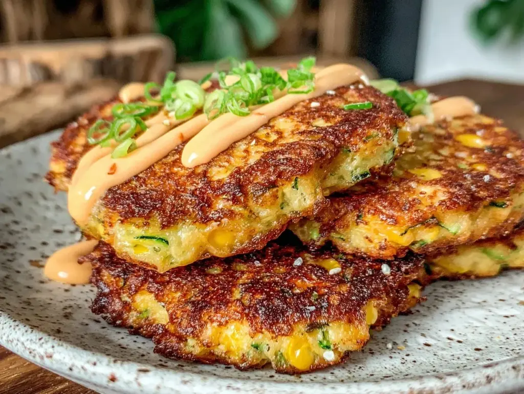 crispy zucchini corn fritter cakes - featured image
