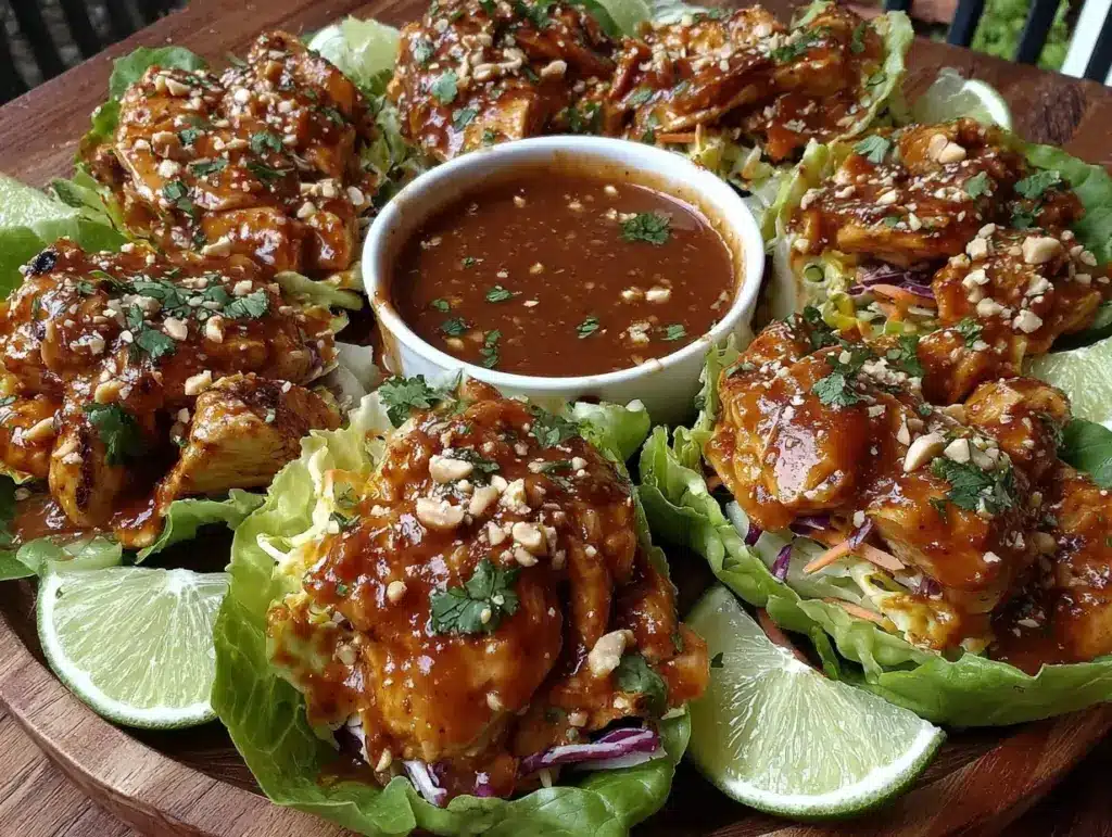 easy creamy thai peanut chicken lettuce wraps - featured image