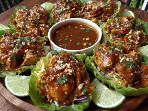 easy creamy thai peanut chicken lettuce wraps - featured image