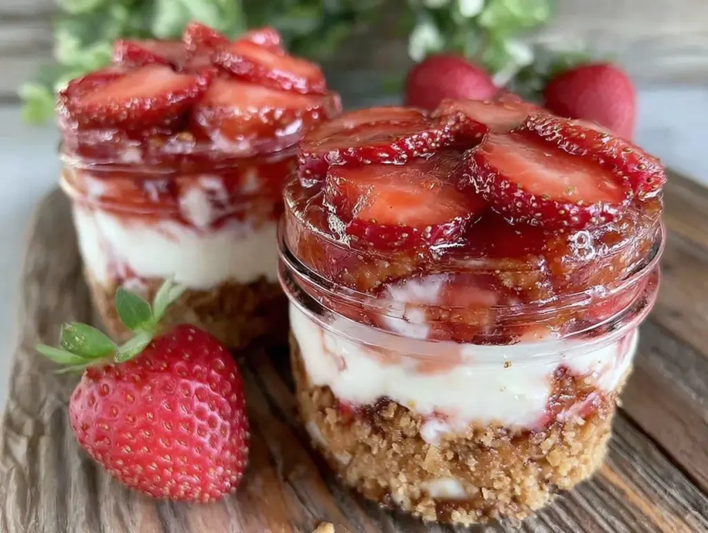easy mini no bake strawberry cheesecake jars - featured image