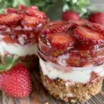 easy mini no bake strawberry cheesecake jars - featured image