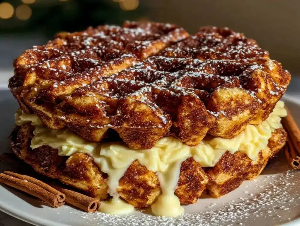 fluffy cinnamon roll waffles - featured image