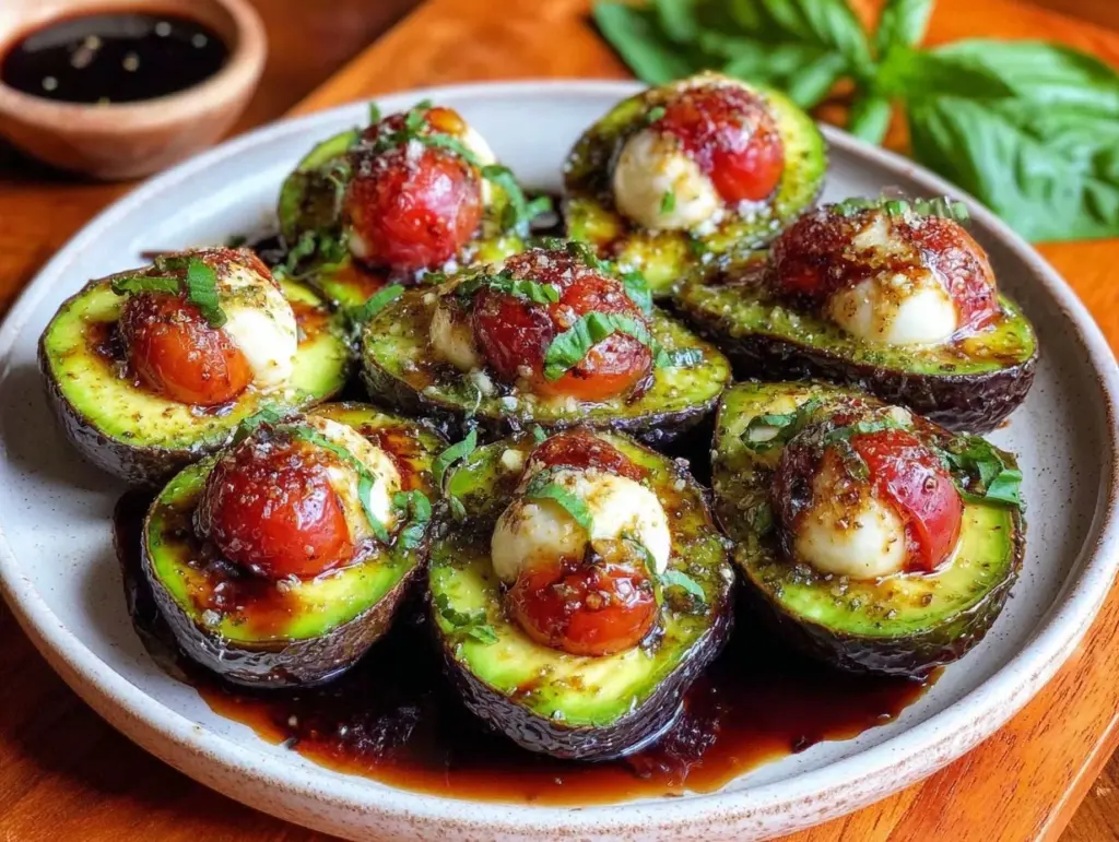 fresh caprese stuffed avocados - featured image