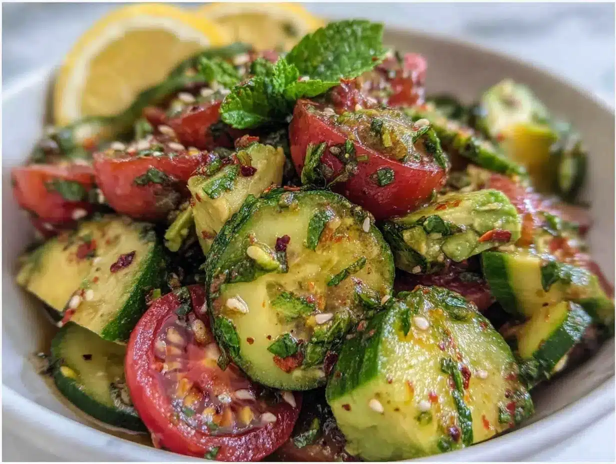 fresh cucumber tomato avocado salad preparation steps