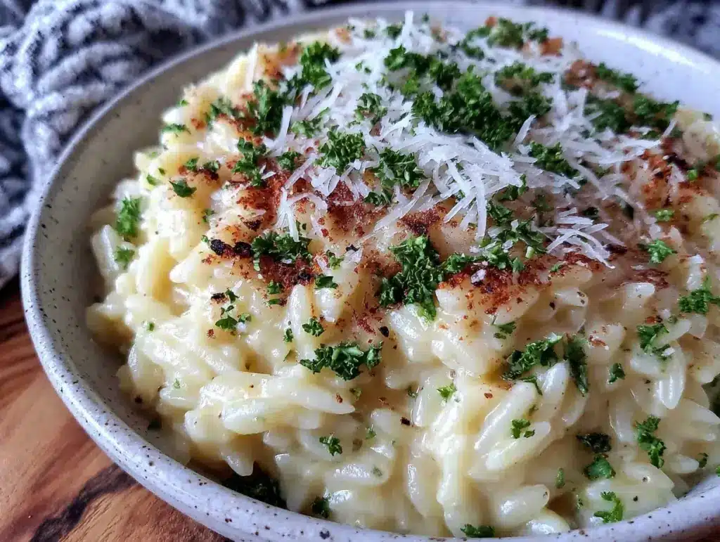 quick creamy garlic parmesan orzo - featured image