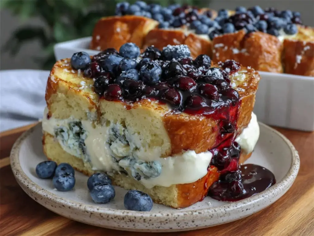 blueberry cream cheese stuffed french toast casserole - featured image