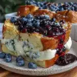 blueberry cream cheese stuffed french toast casserole - featured image