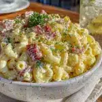 creamy classic macaroni salad with ham and dill pickles - featured image