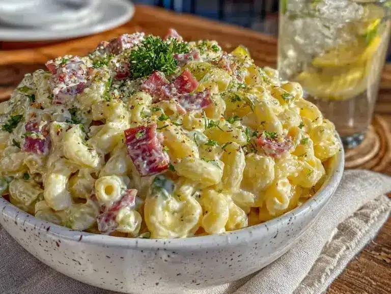 creamy classic macaroni salad with ham and dill pickles - featured image