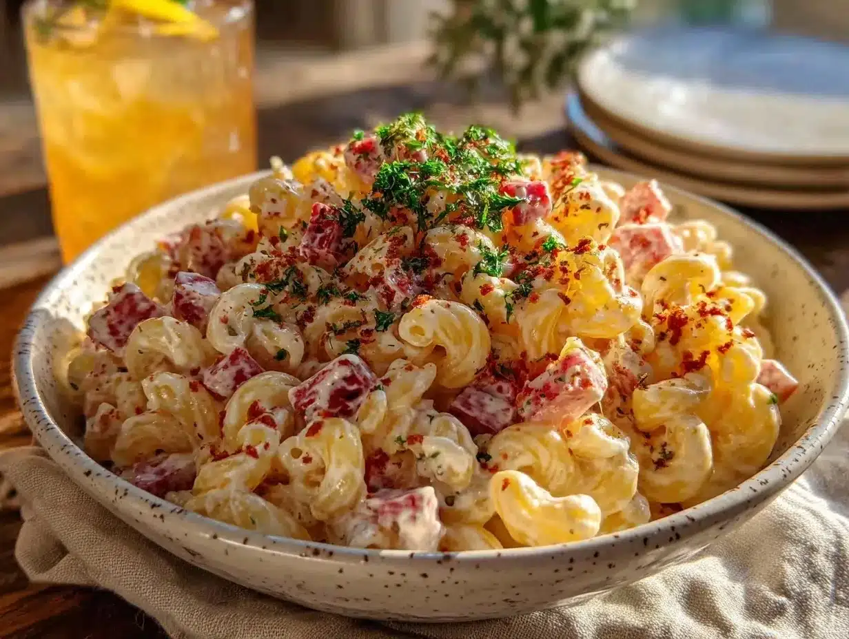 creamy classic macaroni salad with ham and dill pickles preparation steps
