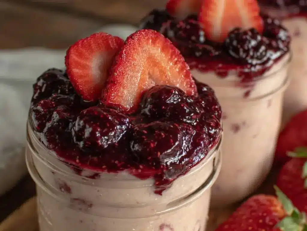 creamy no-bake strawberry cheesecake jars - featured image