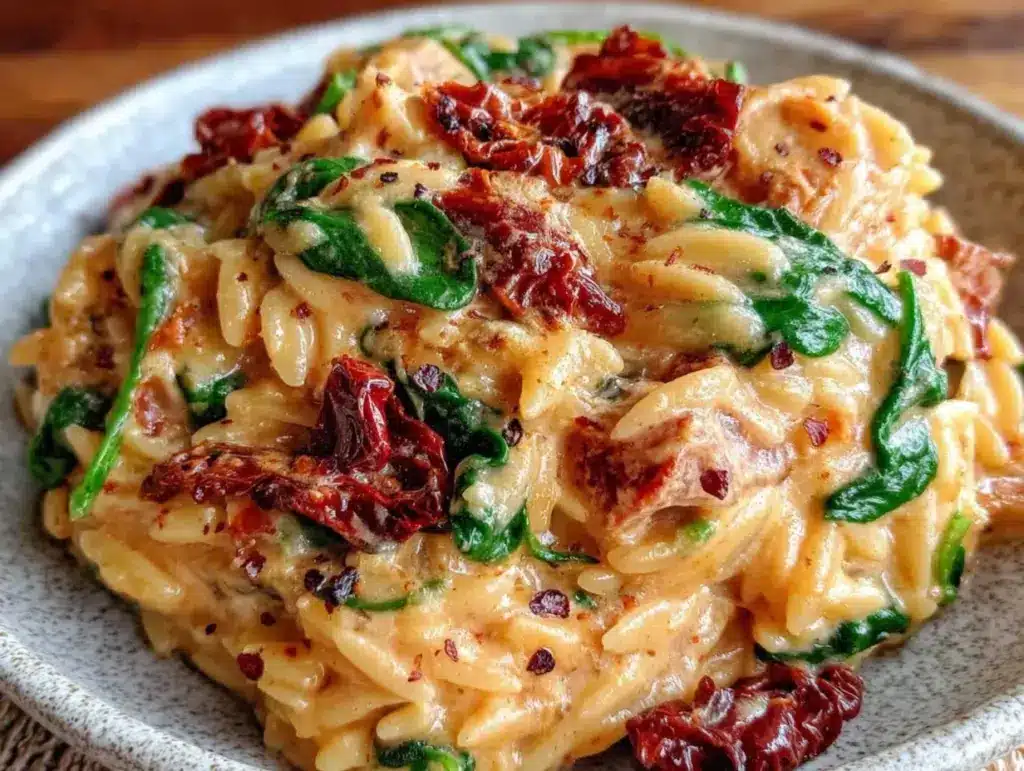 creamy tuscan orzo with spinach - featured image