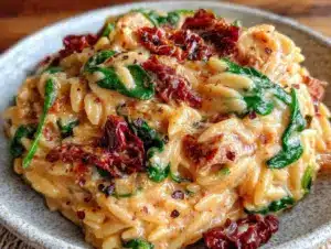creamy tuscan orzo with spinach - featured image