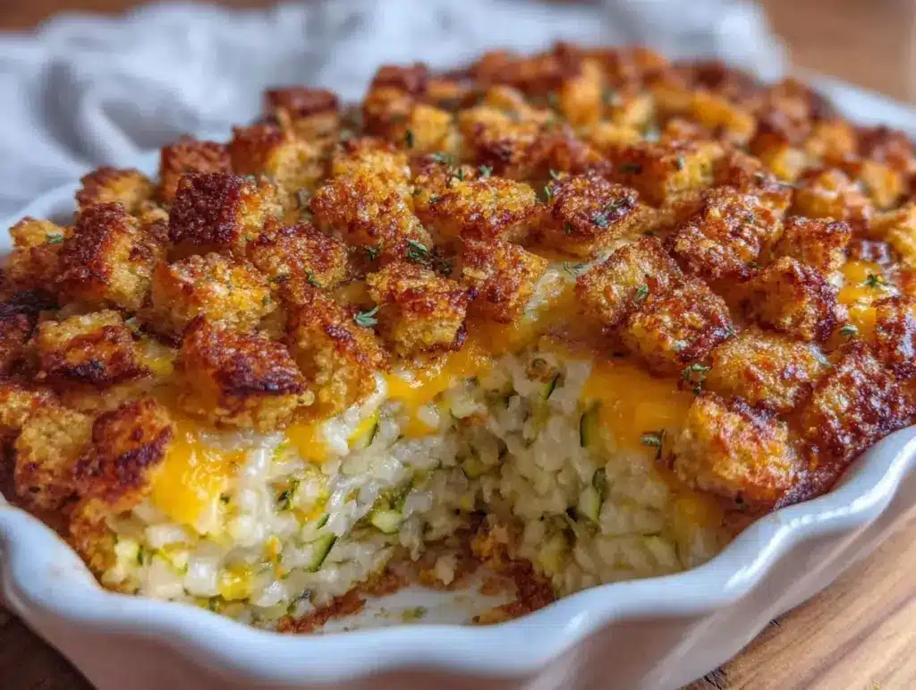 crispy cheesy zucchini rice casserole - featured image