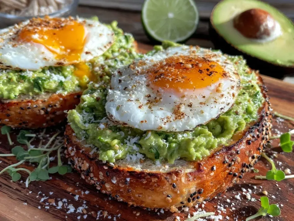 crispy everything bagel avocado toast with poached egg - featured image