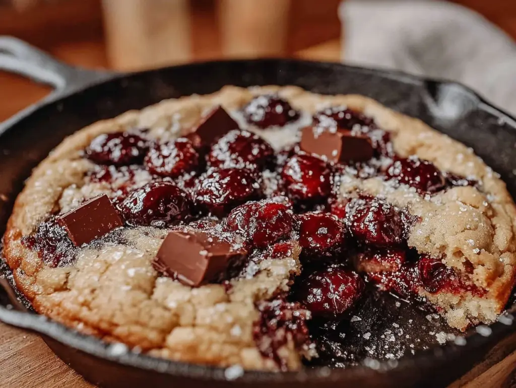 dark cherry chocolate chunk skillet cookie - featured image