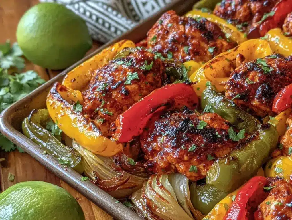 easy crispy sheet pan chicken fajitas - featured image