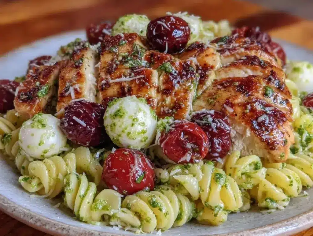 fresh caprese chicken pasta salad - featured image