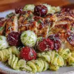 fresh caprese chicken pasta salad - featured image