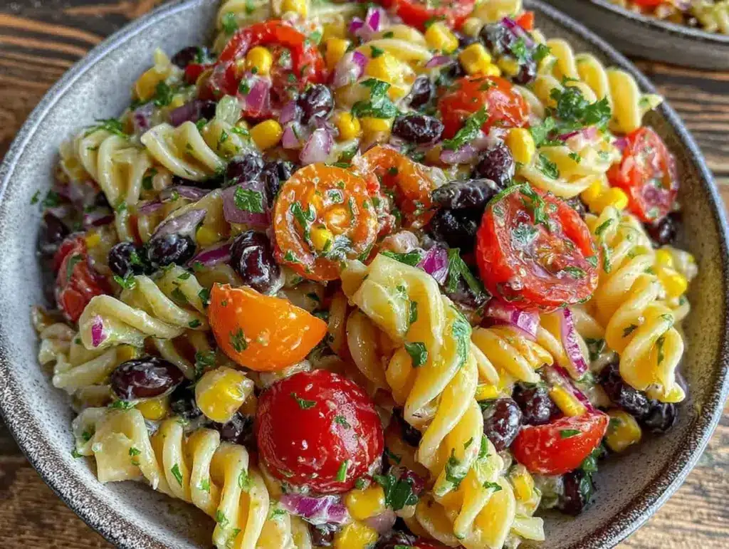 fresh cowboy caviar pasta salad - featured image