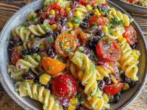 fresh cowboy caviar pasta salad - featured image